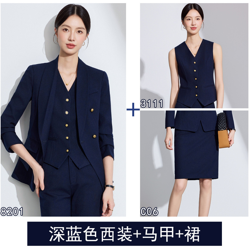 Dark blue suit vest and short skirt