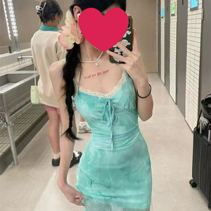 Tie Dye Mesh Patchwork Spaghetti Strap Maxi Dress Green Slim Fit Fishtail Cocktail Dress - Product Image 2