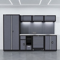 Système de rangement d'atelier et de garage 5 pièces avec panneau perforé, établi, éclairage LED et ensemble de meubles de sol