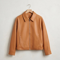 Veste en peau de mouton pour femme, couleur caramel, col raglan, fermeture éclair, ourlet élastique avec cordon de serrage, coupe ample, courte, décontractée, en cuir