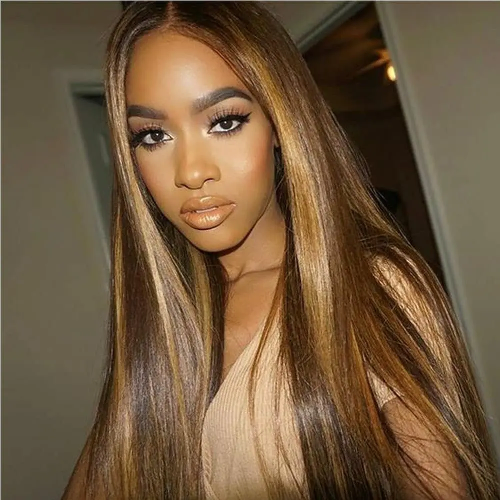 Customized Texture Long Honey Blonde Human Hair Wig Brown Highlight Color Cuticle Aligned Hair Transparent Lace Front Wigs
