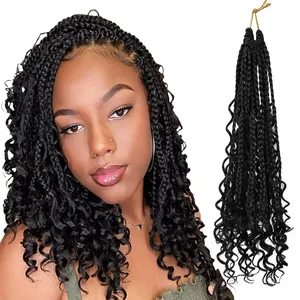 Wholesale Synthetic Ombre Prelooped Bob Messy Goddess Bohemian Box Braid With Curly Ends Crochet Hair River Locs Boho Box Braids