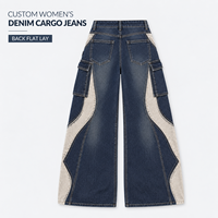 Jean cargo en denim color block personnalisé pour femme, taille haute, jambe large, patchwork, coupe évasée, double boutonnage, pour le streetwear
