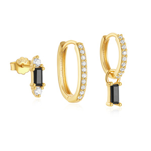 ROXI 3 Piece Set 925 Sterling <b>Silver</b> Black Inlaid Zircon Hip Hop Classic <b>Hoop</b> <b>Earrings</b> Set - Product Image 1