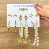 Ensemble de boucles d'oreilles créoles plaquées or Factory Trend, géométriques, grandes, rondes, avec motifs Lune, Serpent, Étoile et Perle, pour Femme