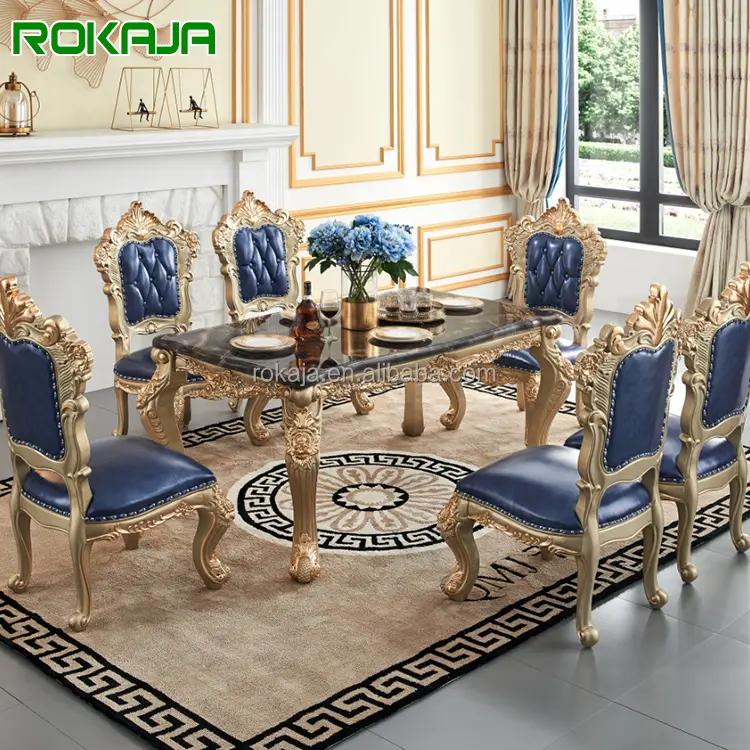 Ensemble table à manger et chaises rectangulaires en marbre européen Ensemble de chaises de salle à manger en cuir sculpté double face de haute qualité en or