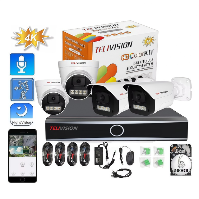 Good Quality Camera 24 Hours Color Audio 2 Dome 2 Bullets 500GB DVR Mobile Phone Network Remote Monitoring 4 Camera System