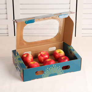 Corrugated Fruit Packaging <b>Box</b> with <b>Clear</b> Window Carry Handle Printed Produce Carton for Apple Retail <b>Display</b> and Delivery - Product Image 2