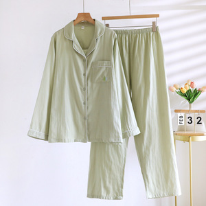 SUHE PJ-043 Women's Pure Cotton Woven Gauze Floral V-neck Drawstring Pajamas Long Sleeve Thin Two Piece Set Home Loungewear - Product Image 4
