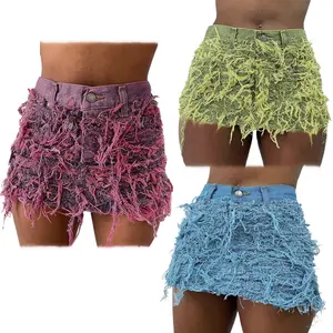 K23SK201 nouveautés été 2024 y2k vêtements filles chaudes jupes pour femmes shorts en jean sexy mini jupe déchiré à pampilles jupes en jean