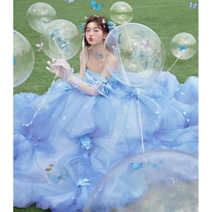 Blue Dream Wedding Dress Strapless Ball Gown Empire Waist Floral Print Outdoor Photography Outfit Flower Fairy Blue - Product Image 5