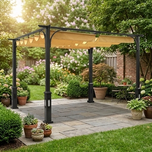 <span class=keywords><strong>Pavillon</strong></span> d'extérieur en aluminium avec toit en finition imitation bois - Gazebo à toit surélevé - Tente <span class=keywords><strong>de</strong></span> patio robuste pour jardin, pelouse - Product Image 5