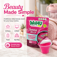 Bonbons gélifiés au collagène à la framboise et à l'hibiscus, enrobés de crème et de fruits sucrés, en sachets individuels pour la vente au détail en supermarché