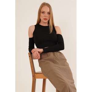 Blouse noire à col rond pour femmes en gros, détail d'épaule, logo brodé, paillettes, tissu en maille de soie pour l'automne et le printemps, taille XL - Product Image 4