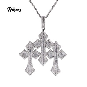 Nuovo rilascio di alta qualità Hip Hop uomo 3 pollici ciondolo croce su preordine con ciondolo a forma di diamante con tripla croce - Product Image 1