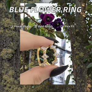 แหวนแต่งงาน/หมั้น ดีไซน์ดอกไม้ ปรับขนาดได้ ชุบทอง 18K ประดับเพชรคิวบิกเซอร์โคเนียสีน้ำเงิน สไตล์เกาหลีสุดฮิต สำหรับทุกเพศ - Product Image 2