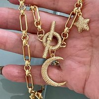 NM56082 Plaqué Or Multi Lune Étoile Charme Zircon Bascule Connecteur Homard Griffe Fermoir Superposition Chance Charm Bijoux Cadeau pour Elle