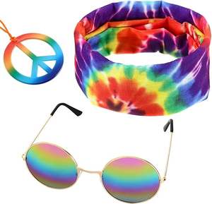 3 Pcs Accessoires <span class=keywords><strong>Hippie</strong></span> Costume 70s Tie Dye Rainbow Leopard Outfits <span class=keywords><strong>Hippie</strong></span> Headbands for Men Peace Sign Necklace Sunglasses - Product Image 1