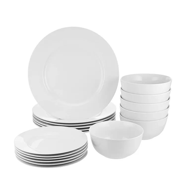 Classic White Porcelain Kitchen Dinnerware Set, 18 Piece Plates Bowls Set Tableware Service for 6