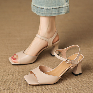 2026 Simple Elegant Nude Cow Leather Sandals Women Square Open Toe Block Heel One <b>Strap</b> <b>Buckle</b> Leather Shoes Up To Size 42 - Product Image 1
