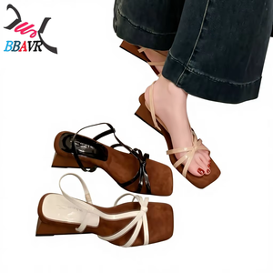 Sandalias de cuña de tacón alto estilo romano con tira trasera tejida estilo francés para mujer, nuevas, estilo hada, con punta cuadrada y abierta, para verano - Product Image 2