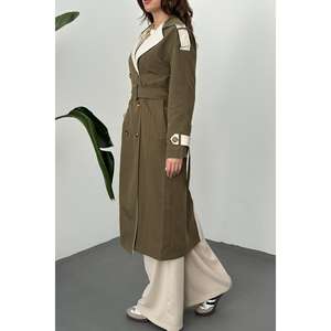 Gabardina Larga Vintage para Mujer, Color Beige Caqui, con Cinturón y Decoración de Rayas en la Espalda, Impermeable, Rellena de Algodón, para Invierno, Venta al Por Mayor - Product Image 2