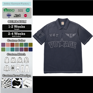 T-shirt personnalisé OEM avec broderie, délavé à l'acide, col montant, en coton uni, avec patchs, noir, pour hommes, style néerlandais - Product Image 1