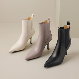 Sexy bout pointu femmes bottes courtes femmes élégantes en cuir véritable chaussures de fête élastique mince talons hauts bottines pour dame - Product Image 5