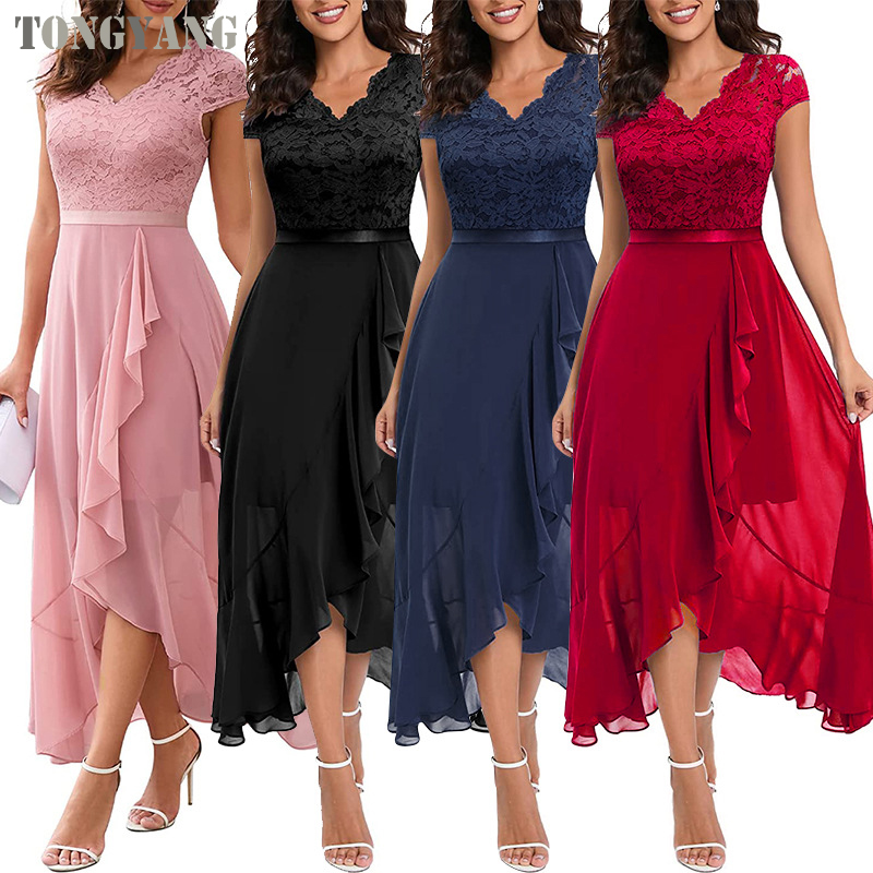 Tongyang V-hals Slim Fit Party Dress Lange Elegante Gown Slit Prom Rood Kant Dames Avondjurken