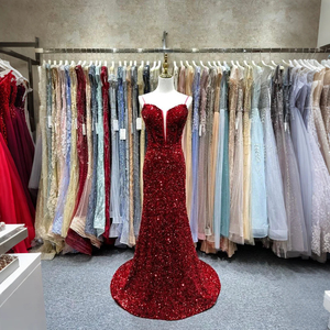 Jancember LSJA34 Sparkly <strong>Red</strong> <strong>Sequins</strong> Golden Spaghetti Strap Mermaid Slim Evening Party Dress - Product Image 1