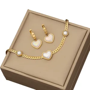 Shell Pearl Heart Dangling Necklace Bracelet and Earrings Stainless Steel 18K Gold PVD Plated Fashion Jewelry Set for Women