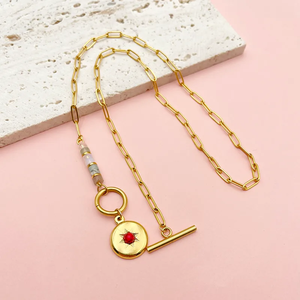 Collar de Acero Inoxidable 304 Chapado en Oro de 18K, Galvanoplastia al Vacío, Incrustaciones de Piedra Natural Roja, Cierre de Disco Redondo, Cadena de Cable, Joyería - Product Image 3