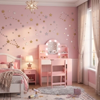 Ensemble de coiffeuse pour enfants en bois avec miroir à LED, table de maquillage pour tout-petits, plateau amovible, armoire de rangement cachée et 2 portes