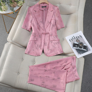 Chinese Style Printed Women's Suit Jacket Flared Pants Set Polyester Fabric Business Casual Wear - Product Image 2