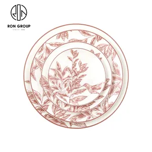 Vaisselle de restaurant logo personnalisé, design simple, motif de feuilles rouges, assiettes de restaurant 12 pièces