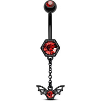 Piercing de nombril en acier inoxydable 316L 14G, barbell incurvé avec pendentif chauve-souris hexagonal noir et zircon rouge, à filetage interne