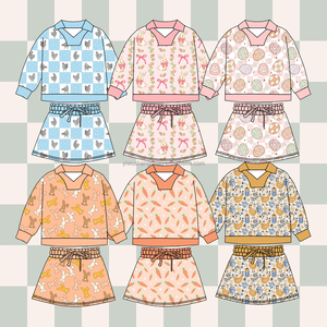 Ensembles de Pâques pour bébés et enfants en gros, haut à col polo à manches longues imprimé lapin, <span class=keywords><strong>jupe</strong></span> avec short, tenues de fête pour petites filles - Product Image 1
