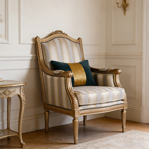 Fauteuil d'appoint en bois RIKKASI, style classique français, dossier haut, luxe vintage, confort optimal, pour <span class=keywords><strong>salon</strong></span>. - Product Image 1