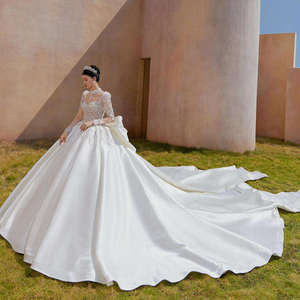 Nuovo Arrivo: Abito da <span class=keywords><strong>Sposa</strong></span> a Maniche Lunghe, Vestito Nuziale in Raso Linea A con Top in Pizzo e Tulle, Abito da <span class=keywords><strong>Sposa</strong></span> Semplice ed Elegante per Spose - Product Image 5