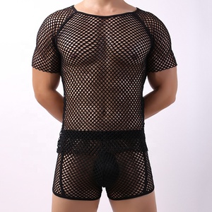 Camiseta de malla transparente sexy de manga corta para hombre, estilo red de pesca, para discoteca, disfraz, camiseta interior, tops - Product Image 1