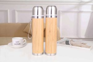 Stainless Steel Vacuum Flask With Bamboo Finish Double Wall Insulated Travel Thermos With Rope Handle - Product Image 3