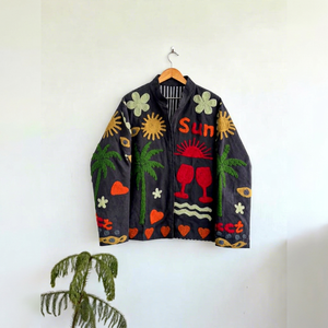 Veste en coton brodée à la main avec motif floral palmier et soleil, manches longues, col montant, manteau d'hiver fait main pour femme - Product Image 1