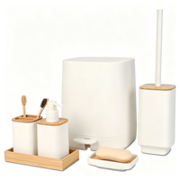 Ensemble d'accessoires de salle de bain en bambou et plastique blanc écologique 6 pièces, distributeur, poubelle, brosse de toilette, porte-brosse à dents et porte-savon