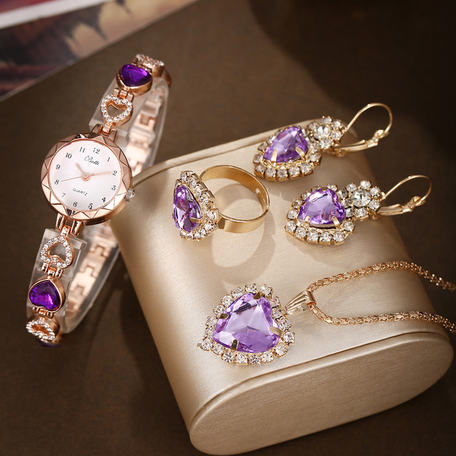 LP49 Women Watch & Jewelry 4pcs Set Rings, Earrings, Necklaces Luxury Limited Edition Quartz Ladies Watches with Alloy Band