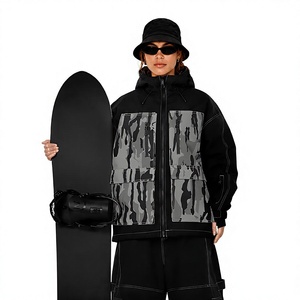 Women's Black Hooded Waterproof Ski <b>Jacket</b> With Gray Camouflage Panels Zipper Closure Synthetic Insulation Outdoor Wear - Product Image 6