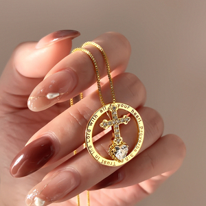 Personalized Laser Engraved <b>Cross</b> Necklace Brass 18K Gold Plated Round Hollow Heart CZ Religious Scripture Pendant for Women Bul - Product Image 2