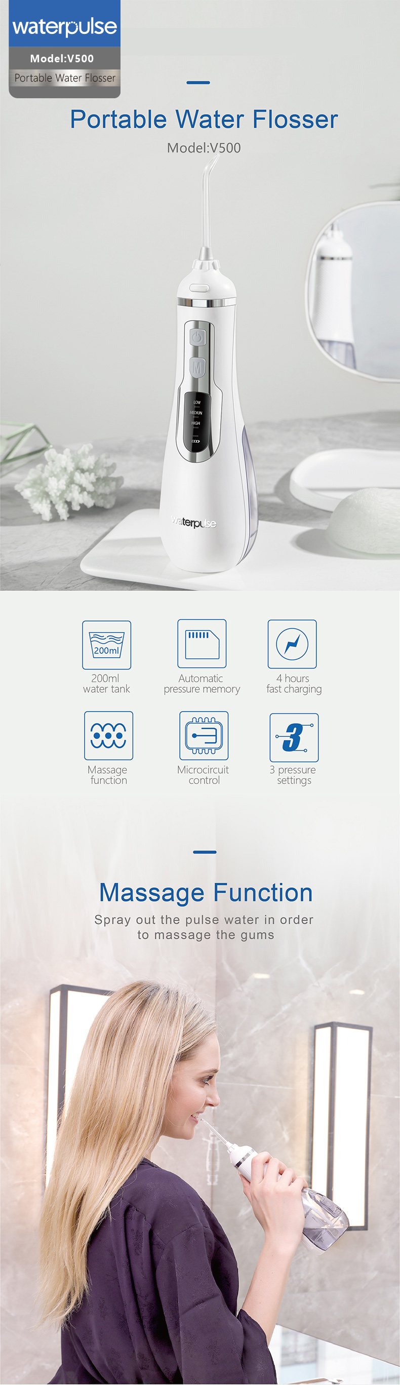 Waterpulse Colored V500 Electronic Portable  Dental Flosser Tooth Breath Oral Irrigator Water Flosser
