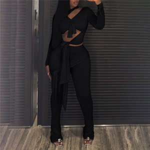 女性用パッチワーク長袖ホロートップ+フレアパンツセクシーイレギュラーノット2ピースセット - Product Image 3