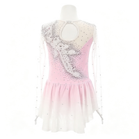 Robe de patinage et de danse pour enfants et adultes, dégradé rose et blanc, manches longues en maille, dos diagonal orné de strass, pour compétition et spectacle de patinage sur glace