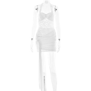 Robe Courte en Dentelle Style Européen, Col Halter, Dos Nu, Moulante, Robe de Cocktail, Couleur Unie, Polyester, Origine Yiwu FDC1252 - Product Image 5